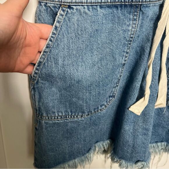 Lucky Brand Womens Jean Dress Large Drawstring Button Up Fray Hem Short Sleeve - Picture 6 of 13